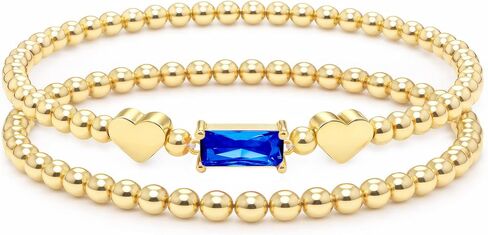 Dainty Birthstone Bracelets for Women - Stretch Elastic 14K-Gold-Plated Bead Bracelet Trendy Heart Friendship Bracelets Stack Birthday Gifts Trendy Stuff Valentines Day Gifts for Her in Saudi Arabia