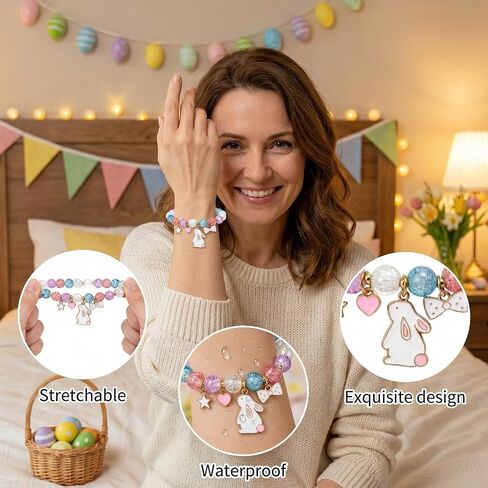 6 Set Easter Bracelets, Easter Gifts for Grandkids, Stocking Stuffers,Adjustable Bunny Charm Stretch Bracelets, Gifts Trendy Stuff, Colorful Cracked Bead Jewelry for Women in Saudi Arabia