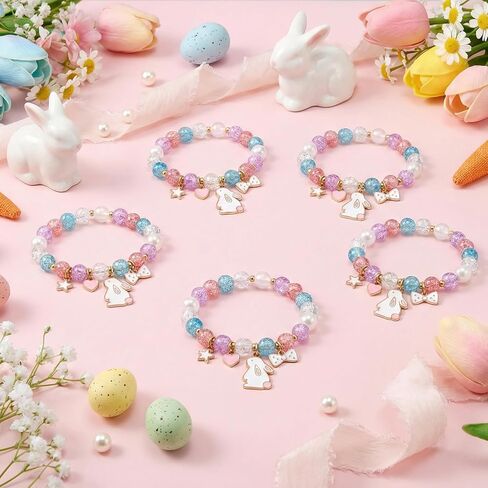 6 Set Easter Bracelets, Easter Gifts for Grandkids, Stocking Stuffers,Adjustable Bunny Charm Stretch Bracelets, Gifts Trendy Stuff, Colorful Cracked Bead Jewelry for Women in Saudi Arabia