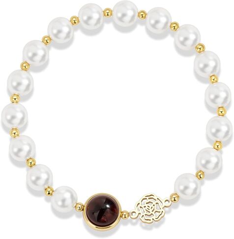 Birthstone Pearl Bracelets for Women Birth Flower Charm Beaded Bracelet Natural Stone Crystal Beads 18K Gold Plated Jewelry Birthday Gifts in Saudi Arabia