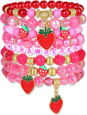 Strawberry Bracelet for Women Stackable Heishi Beaded Bracelets Fruit Strawberry Stretch Pink Beach Bracelets Halloween Christmas Jewelry Accessories in Saudi Arabia