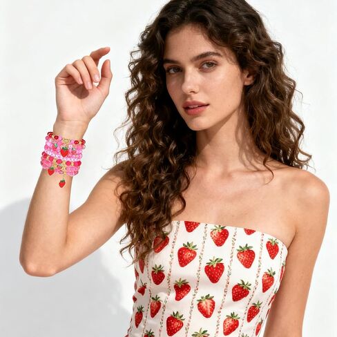 Strawberry Bracelet for Women Stackable Heishi Beaded Bracelets Fruit Strawberry Stretch Pink Beach Bracelets Halloween Christmas Jewelry Accessories in Saudi Arabia
