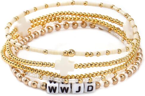 WWJD Gold Beaded Cross Bracelet Stack for Women,Bohemian Stackable Seed Beads Stretch Cute Waterproof Bracelet Set,Fashion Christian Holiday Summer Accessories Jewelry Gifts in Saudi Arabia