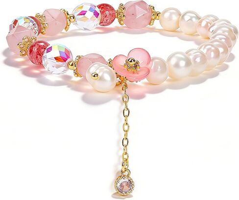 Handmade Strawberry Crystal Beaded Bracelet, Healing Pearl Bracelet for Women, Dainty Crystal Energy Gemstone Stretch Bracelet for Encourage, Aesthetic Anxiety Relief Jewelry, Spiritual Gift for Her, Includes Gift Box in Saudi Arabia