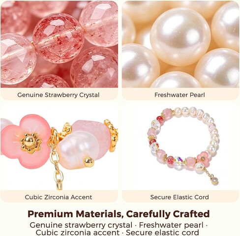 Handmade Strawberry Crystal Beaded Bracelet, Healing Pearl Bracelet for Women, Dainty Crystal Energy Gemstone Stretch Bracelet for Encourage, Aesthetic Anxiety Relief Jewelry, Spiritual Gift for Her, Includes Gift Box in Saudi Arabia