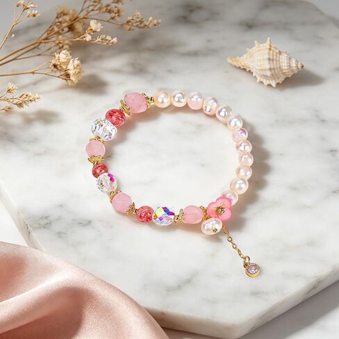 Handmade Strawberry Crystal Beaded Bracelet, Healing Pearl Bracelet for Women, Dainty Crystal Energy Gemstone Stretch Bracelet for Encourage, Aesthetic Anxiety Relief Jewelry, Spiritual Gift for Her, Includes Gift Box in Saudi Arabia