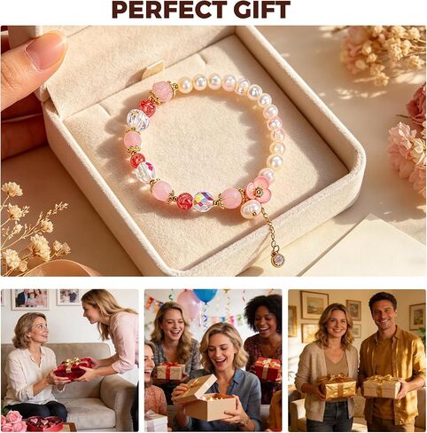 Handmade Strawberry Crystal Beaded Bracelet, Healing Pearl Bracelet for Women, Dainty Crystal Energy Gemstone Stretch Bracelet for Encourage, Aesthetic Anxiety Relief Jewelry, Spiritual Gift for Her, Includes Gift Box in Saudi Arabia
