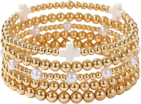 Gold Beaded Bracelets,14K Gold Plated Cross Bracelet,Stackable Bracelets for Women,Faith Friendship Birthday Gifts for Women in Saudi Arabia