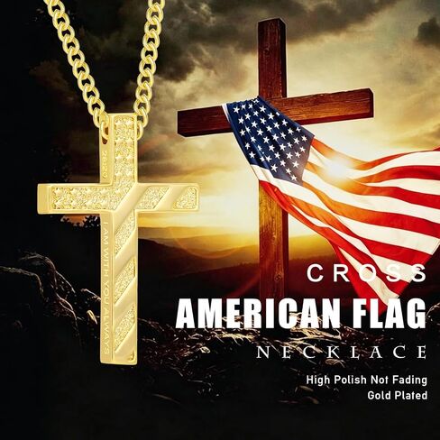 REDSUN Gold American Flag Cross Necklace 14K Gold Plated Bible Verse Cross Pendant Flag Crosses Pendant Christian Jewelry Religious Gifts for Men Father Husband 28:20 in Saudi Arabia