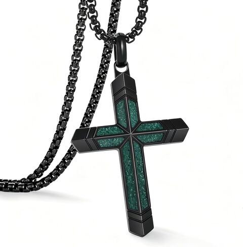 cross necklace for men Turquoise/Malachite cross necklace with a black stainless steel 24-26 inch adjustable box chain; Christian jewelry, suitable for gifting or everyday wear. in Saudi Arabia