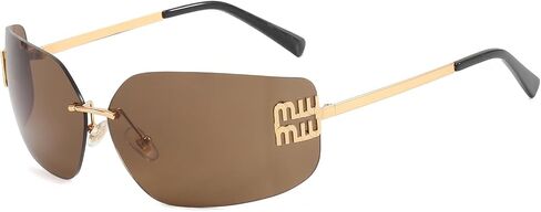 Rimless Y2K Sunglasses Women Retro Trendy Wrap Around Shield Frame Designer 90s Fashion Glasses(Brown Lens) in Saudi Arabia
