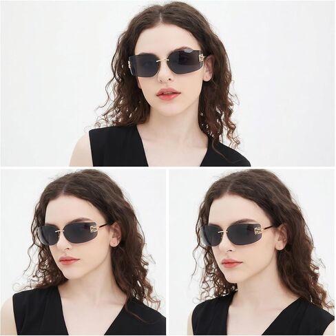 Rimless Y2K Sunglasses Women Retro Trendy Wrap Around Shield Frame Designer 90s Fashion Glasses(Brown Lens) in Saudi Arabia