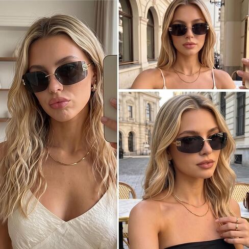 Rimless Y2K Sunglasses Women Retro Trendy Wrap Around Shield Frame Designer 90s Fashion Glasses(Brown Lens) in Saudi Arabia