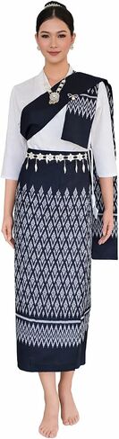 Set Thai Salong+Sabai - Cotton Salong - Free Size -Asian Salong - Lanna Style - Black Color (Shirt is not included) in Kuwait