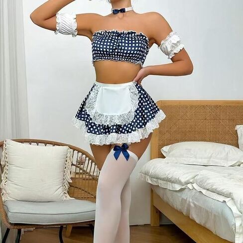 Sexy Lingerie for Women Sexy Schoolgirl Costume Lingerie Set Contrast Lace Maid Cosplay Set With Top and Mini Skirt Thong (5pack) in Saudi Arabia