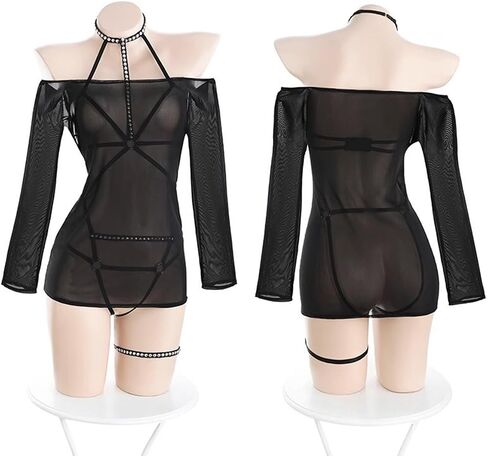 Women's Sexy Bondage Outfit Gothic Full Body Harness Lingerie With Garter Belt Matching Bra Crotchless Janpanese Roleplay Costume in Saudi Arabia