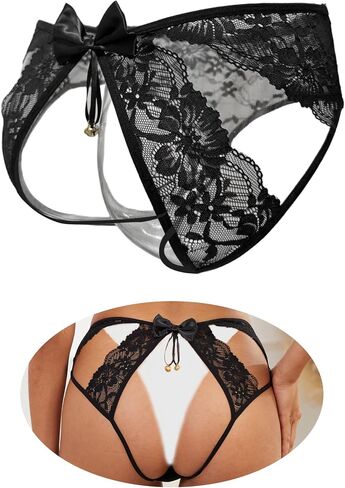 Sexy Underwear for Women Lace Crotchless Cheeky Bells Panties Lingerie Plus Size Bow Briefs Black Hipster XS-2XL in Saudi Arabia