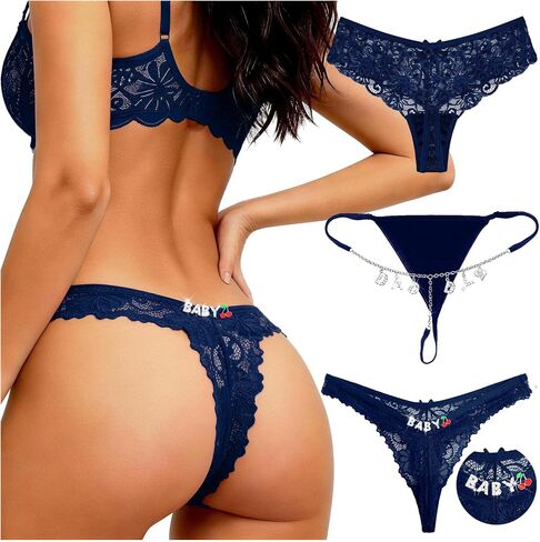 Sexy Underwear for Women 3 Pack Lace Cheeky Panties Rhinestone Letter Thong Bikini Panties Date Night Gifts in Saudi Arabia