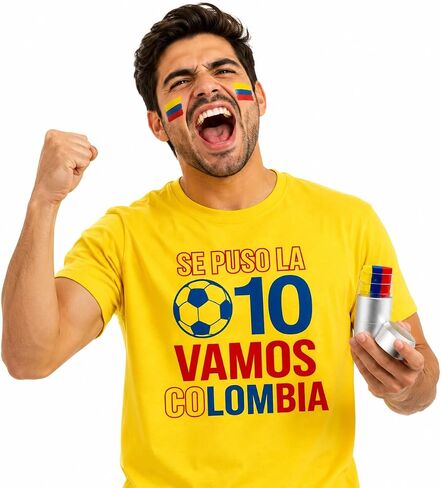 Colombia Soccer Fan T-Shirt with Face Paint Stick, Yellow, Cotton, Vamos Colombia Graphic, 2-Piece Game Day Set in Kuwait
