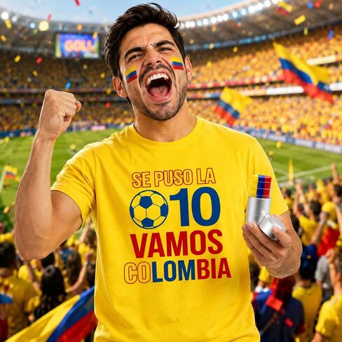 Colombia Soccer Fan T-Shirt with Face Paint Stick, Yellow, Cotton, Vamos Colombia Graphic, 2-Piece Game Day Set in Kuwait