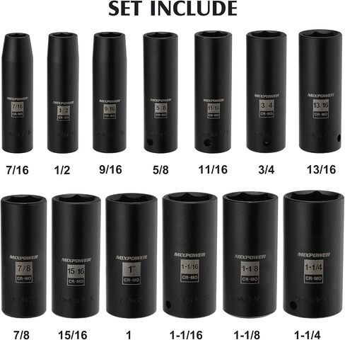 MIXPOWER 1/2-Inch Deep Impact Socket Set, Cr-Mo Steel, 29 Pieces Set, Metric & SAE, 10-27mm, 7/16"- 1-1/4", Include Flip Lug Nut Socket, 19mmX 21mm, 3/4" X13/16", Heavy Duty Storage Case… in Kuwait