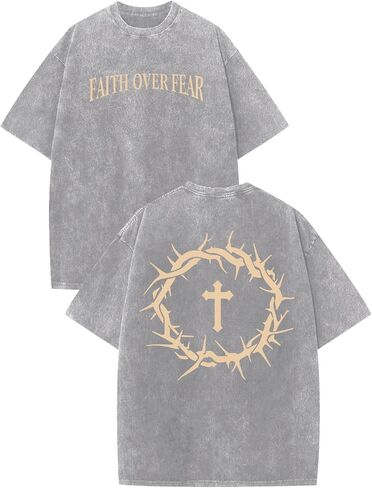Mens Faith Over Fear Christian Shirts Jesus God Religious Bible Verse Cross Tshirt Oversized Acid Wash Graphic Tees in Saudi Arabia