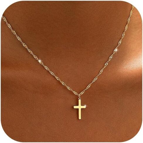 Cross Necklace for Women 14K Gold or Silver Plated Dainty Small Cross Pendant Choker Simple Trendy Cute Cross Charm Shiny Chain Basket Stuffers Baptism Religious Faith Jewelry Gift for Her in Saudi Arabia