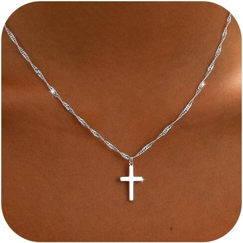Cross Necklace for Women 14K Gold or Silver Plated Dainty Small Cross Pendant Choker Simple Trendy Cute Cross Charm Shiny Chain Basket Stuffers Baptism Religious Faith Jewelry Gift for Her in Saudi Arabia