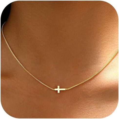 Cross Necklace for Women 14K Gold or Silver Plated Dainty Small Cross Pendant Choker Simple Trendy Cute Cross Charm Shiny Chain Basket Stuffers Baptism Religious Faith Jewelry Gift for Her in Saudi Arabia