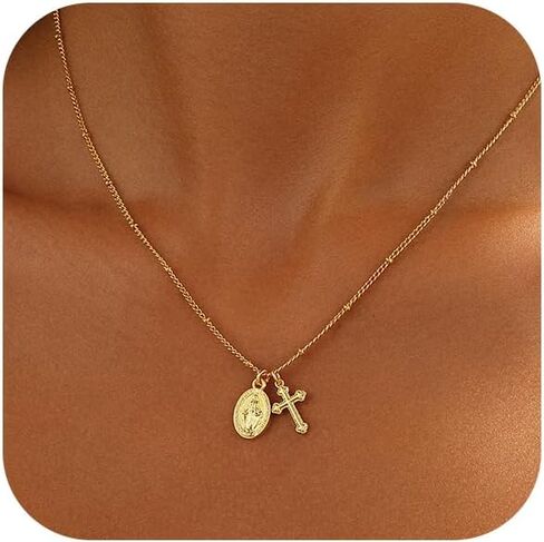 Cross Necklace for Women 14K Gold or Silver Plated Dainty Small Cross Pendant Choker Simple Trendy Cute Cross Charm Shiny Chain Basket Stuffers Baptism Religious Faith Jewelry Gift for Her in Saudi Arabia