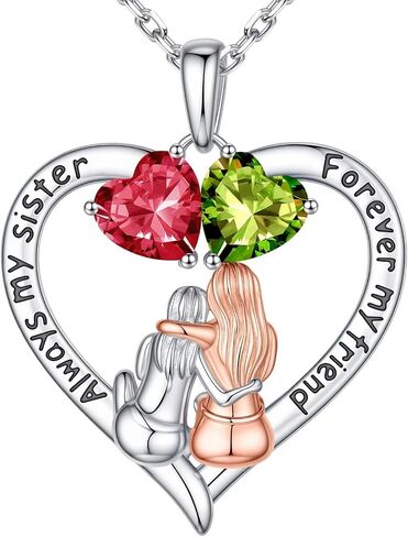 Iefil Sister Gifts - 925 Sterling Silver Heart Birthstone Necklace, Mothers Day Christmas Birthday Gifts for Sister, Birthstone Jewelry for Sisters in Kuwait