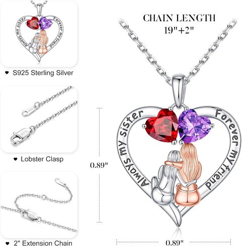 Iefil Sister Gifts - 925 Sterling Silver Heart Birthstone Necklace, Mothers Day Christmas Birthday Gifts for Sister, Birthstone Jewelry for Sisters in Kuwait