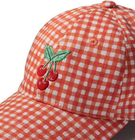 RIFLE PAPER CO. قبعة بيسبول Gingham Cherries، قبعة بيسبول نسائية، قبعة كلاسيكية بطبعة فواكه مكونة من ستة أجزاء مع حزام قابل للتعديل، مصنوعة من القطن بنسبة 100%، مقاس واحد يناسب الجميع in Kuwait