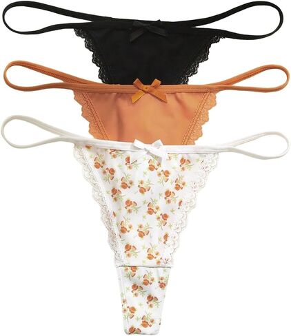 SweatyRocks Women's 3 Pack Bow Lace Trim Floral Thongs Low Rise Breathable Underwear Panties in Kuwait
