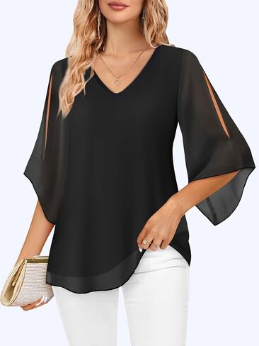 Womens Ruffle 3/4 Sleeve V Neck Double Layers Mesh Blouses Loose Fit Flowy Tunic Tops S-XXL in Kuwait