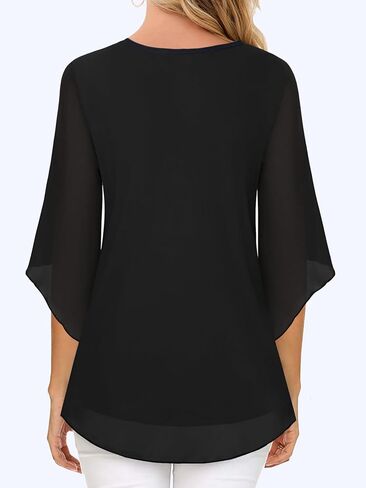 Womens Ruffle 3/4 Sleeve V Neck Double Layers Mesh Blouses Loose Fit Flowy Tunic Tops S-XXL in Kuwait
