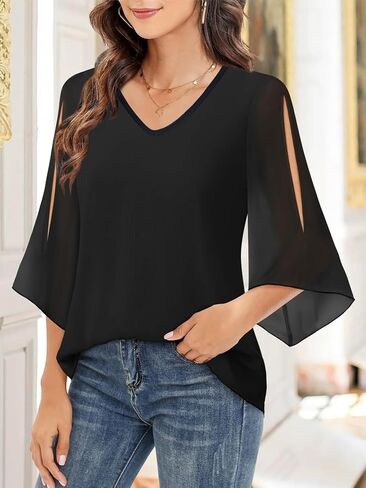 Womens Ruffle 3/4 Sleeve V Neck Double Layers Mesh Blouses Loose Fit Flowy Tunic Tops S-XXL in Kuwait