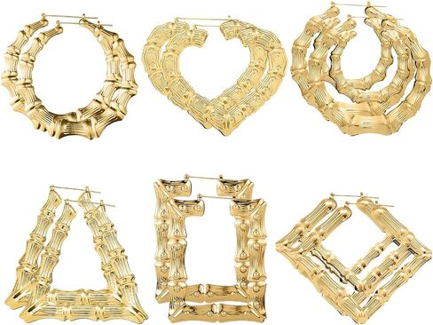 Premium 6 Pairs Gold Bamboo Hoops For Women, Lightweight Round And Heart Shaped 90s Retro Earring Set, Hollow Fashion Hip Hop Jewelry Accessories in Saudi Arabia