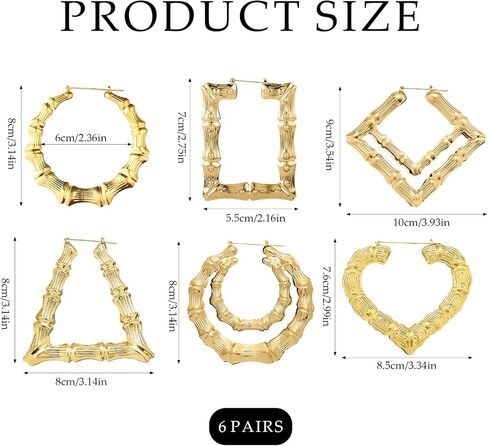 Premium 6 Pairs Gold Bamboo Hoops For Women, Lightweight Round And Heart Shaped 90s Retro Earring Set, Hollow Fashion Hip Hop Jewelry Accessories in Saudi Arabia