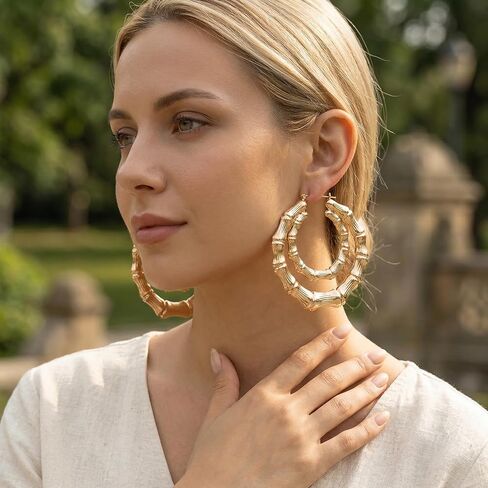 Premium 6 Pairs Gold Bamboo Hoops For Women, Lightweight Round And Heart Shaped 90s Retro Earring Set, Hollow Fashion Hip Hop Jewelry Accessories in Saudi Arabia