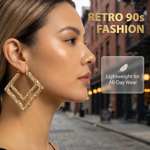 Premium 6 Pairs Gold Bamboo Hoops For Women, Lightweight Round And Heart Shaped 90s Retro Earring Set, Hollow Fashion Hip Hop Jewelry Accessories in Saudi Arabia