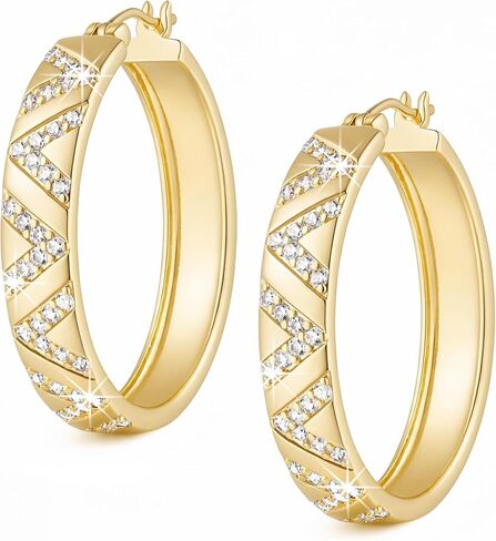 Gold Earrings for Women 14K Gold Hoop Earrings for Women CZ Hoop Earring for Womens Hoops Eye-Catching V-Shaped Cubic Zirconia Hoops Earring for Womens 25/30mm in Kuwait