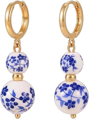 Blue and White Floral Ceramic Bead Hoop Earrings for Women | Gold Tone Huggie Hoop Dangle Earrings Chinoiserie Style Earrings Fashion Casual Jewelry for Daily Wear in Saudi Arabia