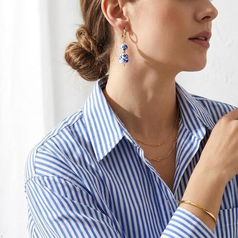 Blue and White Floral Ceramic Bead Hoop Earrings for Women | Gold Tone Huggie Hoop Dangle Earrings Chinoiserie Style Earrings Fashion Casual Jewelry for Daily Wear in Saudi Arabia