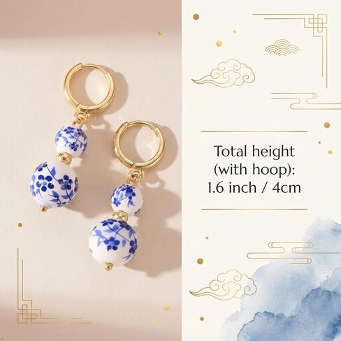 Blue and White Floral Ceramic Bead Hoop Earrings for Women | Gold Tone Huggie Hoop Dangle Earrings Chinoiserie Style Earrings Fashion Casual Jewelry for Daily Wear in Saudi Arabia