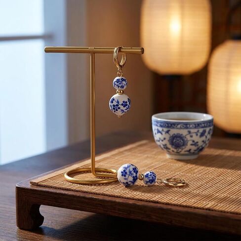 Blue and White Floral Ceramic Bead Hoop Earrings for Women | Gold Tone Huggie Hoop Dangle Earrings Chinoiserie Style Earrings Fashion Casual Jewelry for Daily Wear in Saudi Arabia
