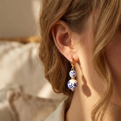 Blue and White Floral Ceramic Bead Hoop Earrings for Women | Gold Tone Huggie Hoop Dangle Earrings Chinoiserie Style Earrings Fashion Casual Jewelry for Daily Wear in Saudi Arabia