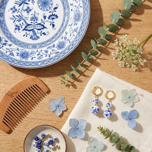 Blue and White Floral Ceramic Bead Hoop Earrings for Women | Gold Tone Huggie Hoop Dangle Earrings Chinoiserie Style Earrings Fashion Casual Jewelry for Daily Wear in Saudi Arabia