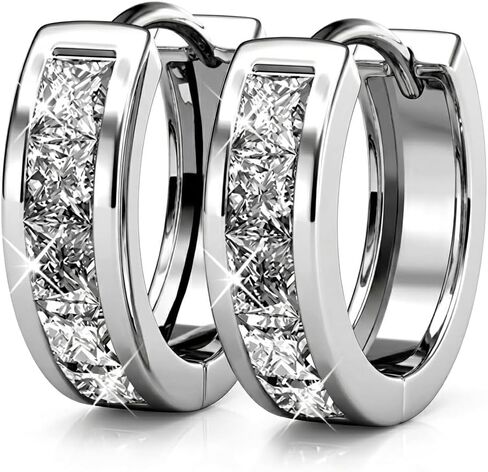 Silver Plated Cubic Zirconia Hoop Earrings - Princess Cut Channel Set Huggie Hoops, Elegant Jewelry for Women for Daily Wear and Special Occasions in Saudi Arabia
