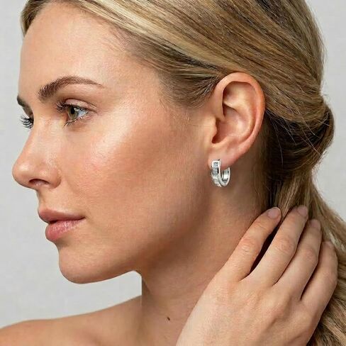 Silver Plated Cubic Zirconia Hoop Earrings - Princess Cut Channel Set Huggie Hoops, Elegant Jewelry for Women for Daily Wear and Special Occasions in Saudi Arabia